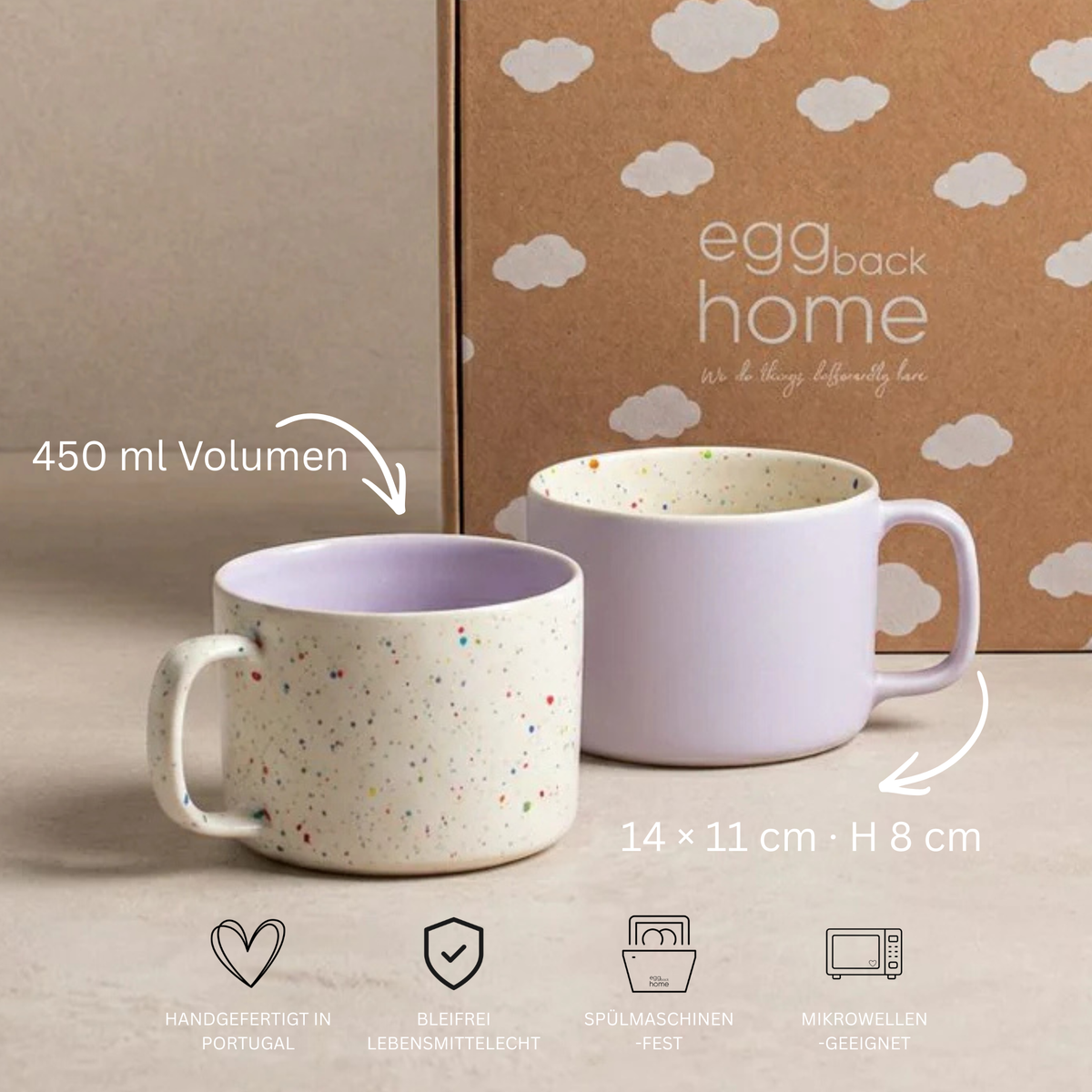 Keramik Tassen Set Breeze Party Weiß-Lila – 2er Set, 450 ml, Geschenkbox | Egg Back Home