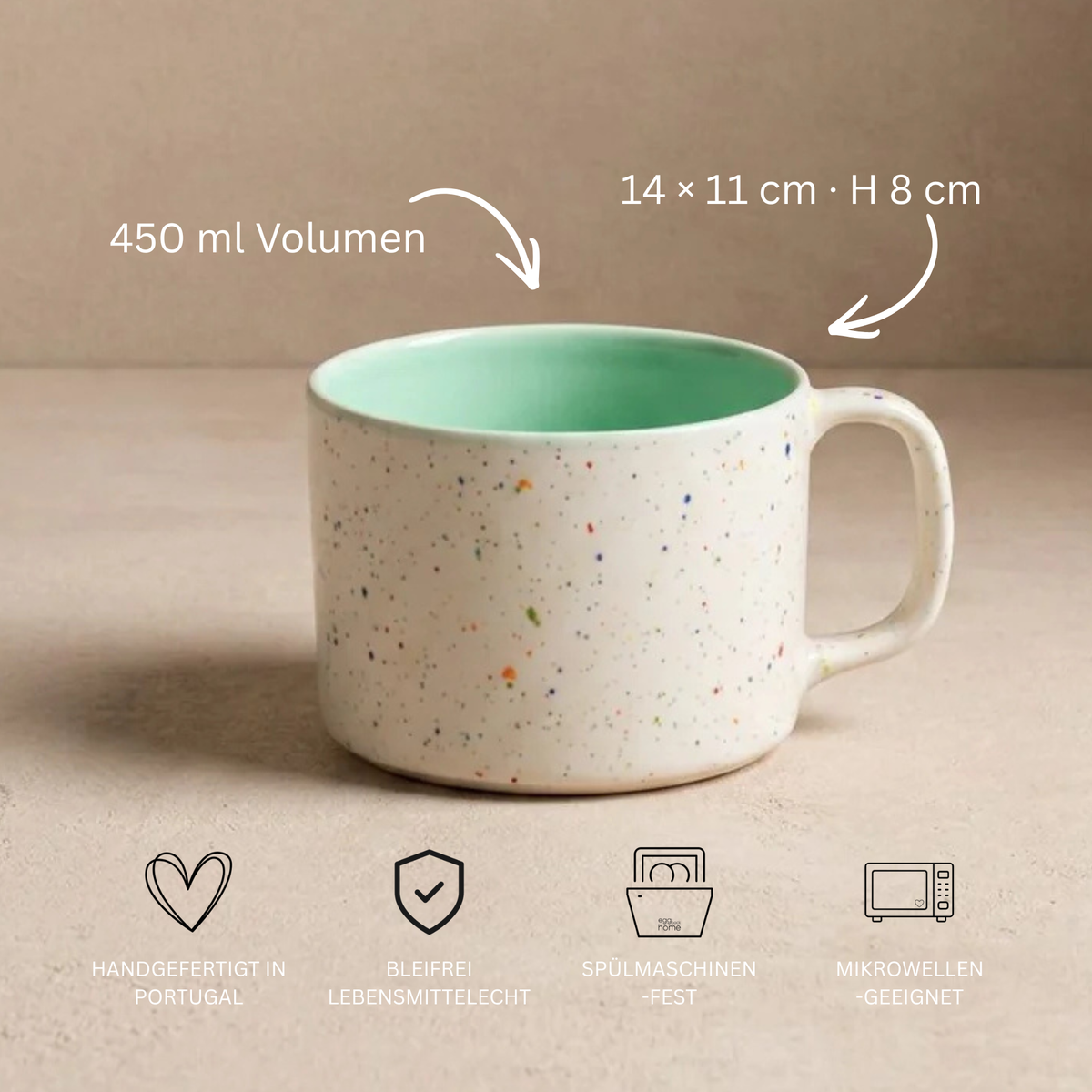 Keramik Tasse Breeze Party Weiß-grün - 450 ml | Egg Back Home